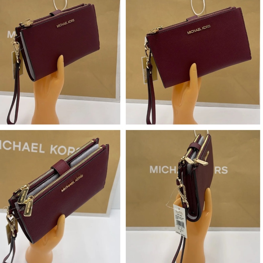 Michael Kors Jet Set Travel LG Double Zip Wristlet Wallet Leather Dark Cherry - Picture 9 of 13